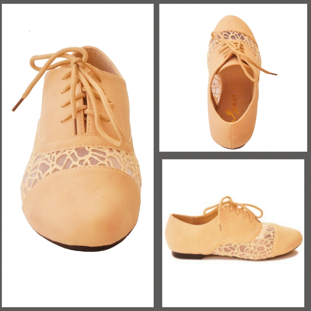 Beige Lace Flat Oxford Shoes